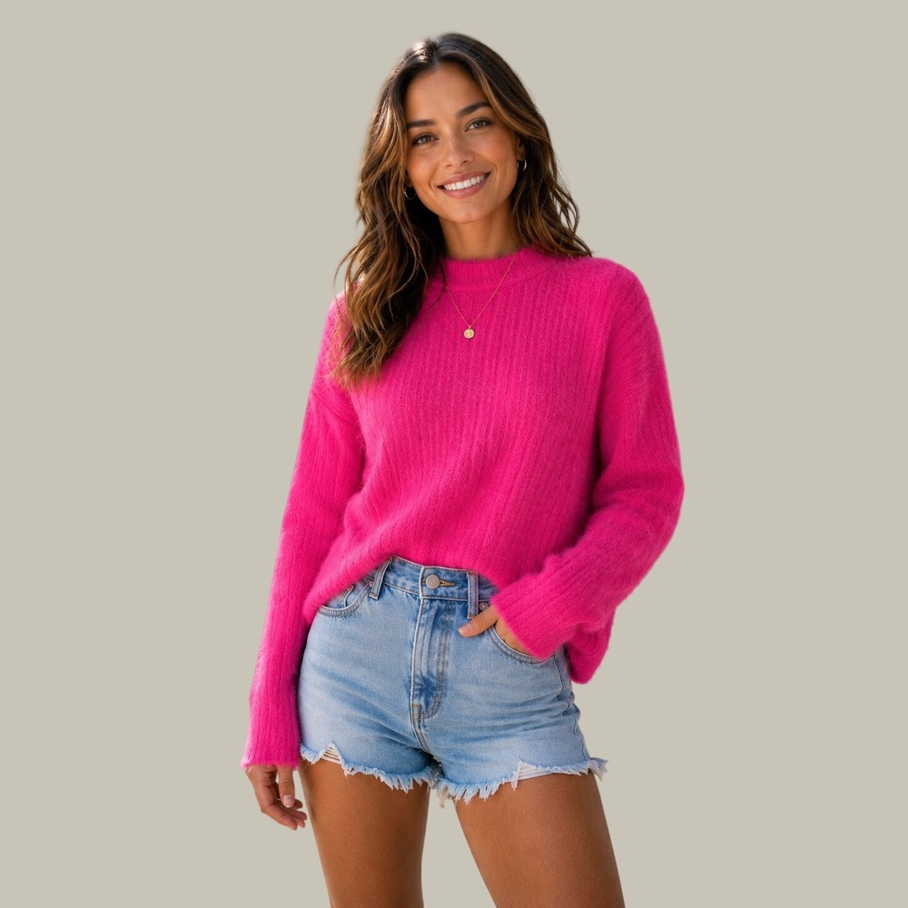 Anthropologie Eyelash Knit Mock Neck Sweater Hot Pink Fuzzy Ribbed Size M Cozy